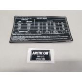 Arctic Cat, Jetting Chart Decal, Engine Decal, 1611-660,1611-478, 93 EXT 580 ZR 